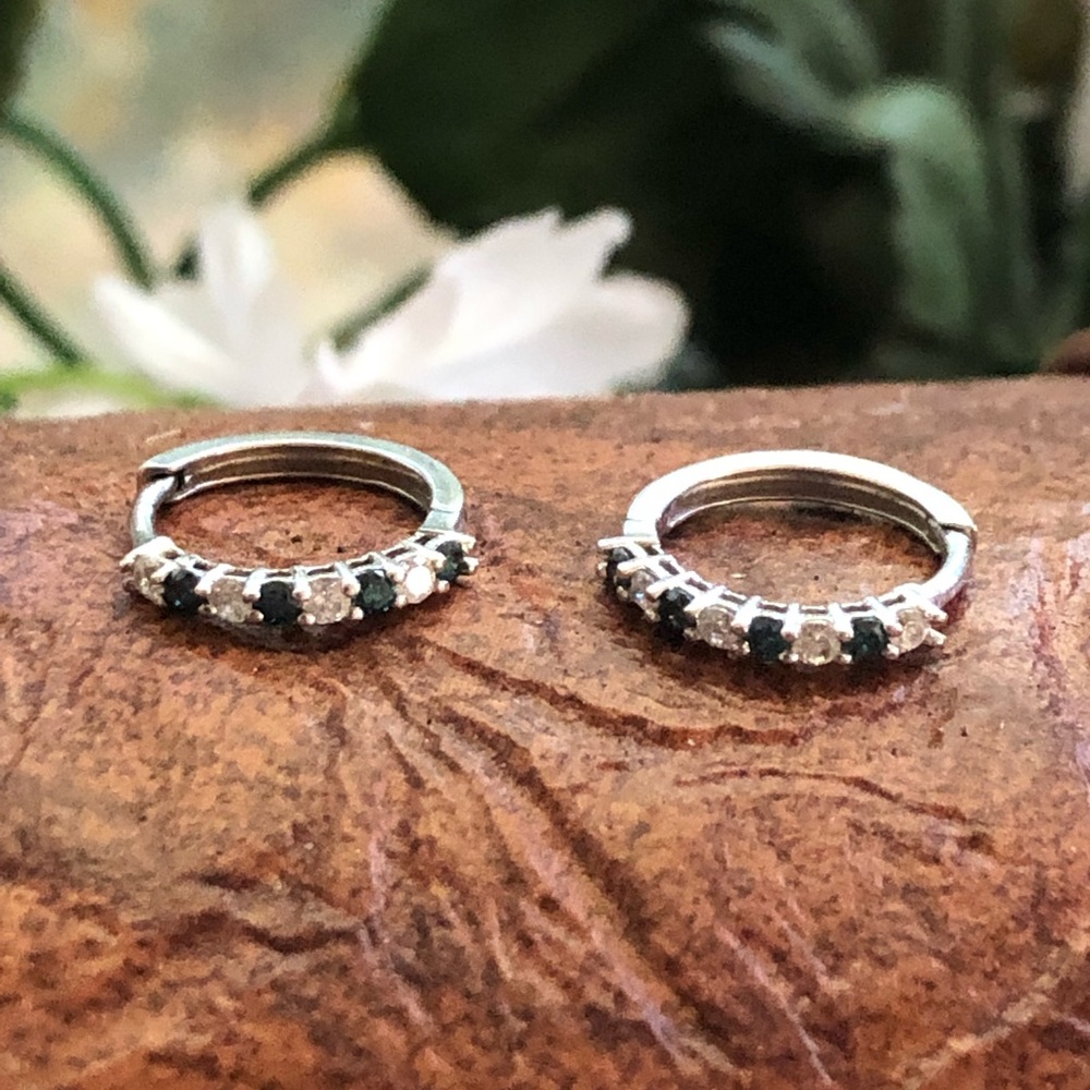 Sapphire and clear crystal silver plated huggie earrings